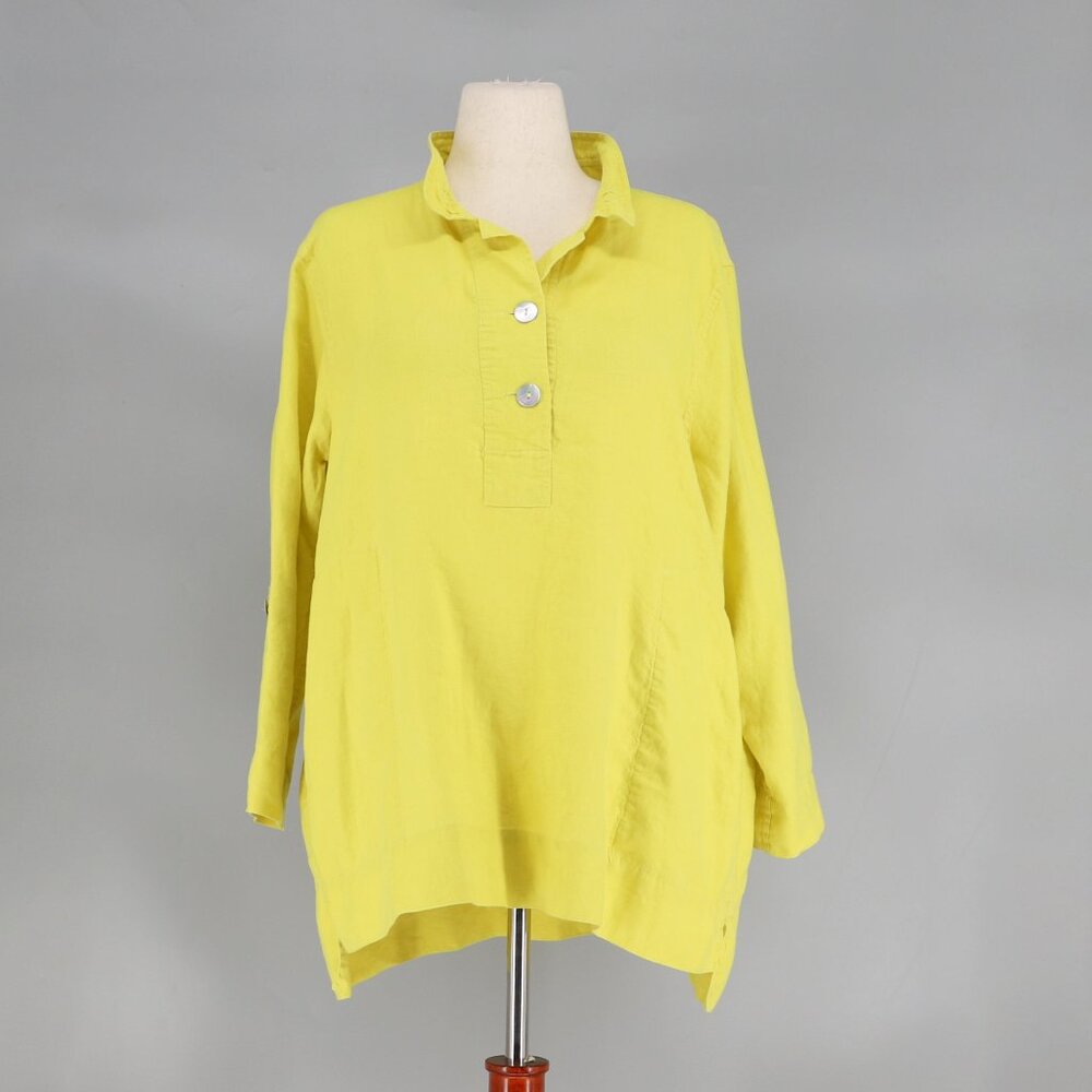 JOHN MARK Linen Tunic Top Lime Yellow Lagenlook Roll Tab Size XL